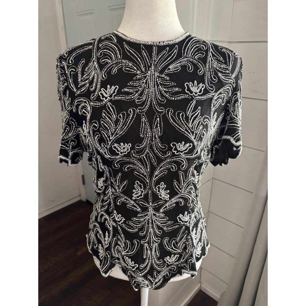 Vintage Stenay‎ Blouse Womens XL Black Beaded Silk Short Sleeve Party Cocktail